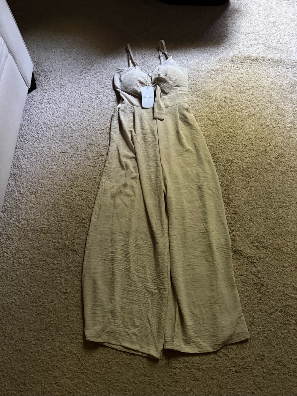 Tie-Front Wide-Leg Jumpsuit in Light Beige